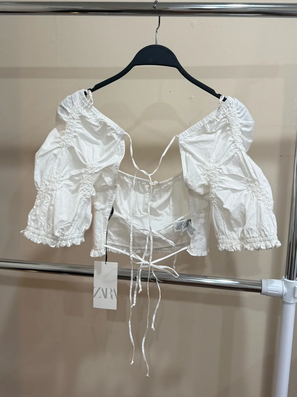 ZARA White Puff Sleeve Tie Front Crop Top NWT Size M